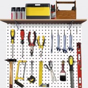 Перфопанель, 5 мм ХДФ. Набор 26 предметов. Панель, полка, подвесы, крючки PB K01